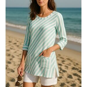 Soft Surroundings Glorieta‎ Striped Tunic Top MEDIUM Beachy Sky Blue Coastal M